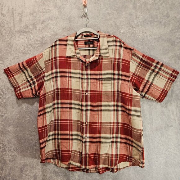 Van Heusen Mens XXL breathable Linen Plaid Red Gray Business casual vacation - Picture 2 of 14
